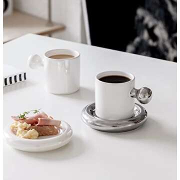 DECRZPB Ceramic Coffee Mug Silver Yolk With Saucer Tea Cup Pottery Coffee Cup Mug Gift for Office and Home