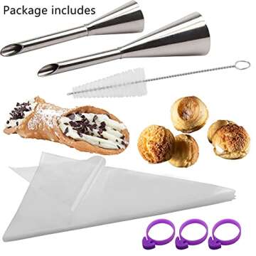 2Pcs Cream Icing Piping Nozzle Tip Stainless Steel,Long Puff Nozzle Tip with 50Pcs Disposable Pastry Piping Bags Cupcake and Puff Filling Kit Decorating Tool Supplies
