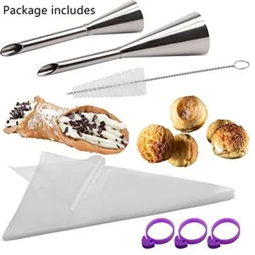 2Pcs Cream Icing Piping Nozzle Tip Stainless Steel,Long Puff Nozzle Tip with 50Pcs Disposable Pastry Piping Bags Cupcake and Puff Filling Kit Decorating Tool Supplies