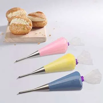 2Pcs Cream Icing Piping Nozzle Tip Stainless Steel,Long Puff Nozzle Tip with 50Pcs Disposable Pastry Piping Bags Cupcake and Puff Filling Kit Decorating Tool Supplies