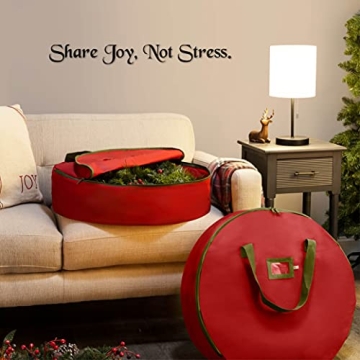 ZOBER Christmas Wreath Storage Container - 30 Inch Wreath Bag for Artificial Wreaths - Dual Zippered Wreath Storage W/Strong, Durable Handles - 2 Pack (Red)
