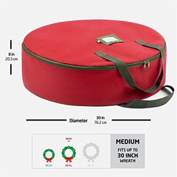 ZOBER Christmas Wreath Storage Container - 30 Inch Wreath Bag for Artificial Wreaths - Dual Zippered Wreath Storage W/Strong, Durable Handles - 2 Pack (Red)
