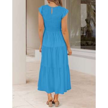 ZESICA Women's 2024 Summer Casual Flutter Short Sleeve Crew Neck Smocked Elastic Waist Tiered Midi Dress,Cobalt Blue,Small