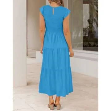 ZESICA Women's 2024 Summer Casual Flutter Short Sleeve Crew Neck Smocked Elastic Waist Tiered Midi Dress,Cobalt Blue,Small