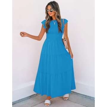 ZESICA Women's 2024 Summer Casual Flutter Short Sleeve Crew Neck Smocked Elastic Waist Tiered Midi Dress,Cobalt Blue,Small