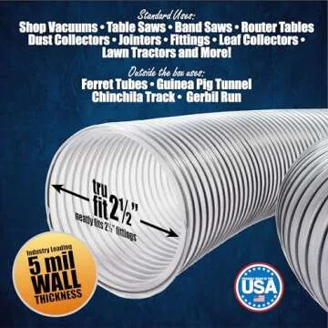 2-1/2 inch Diameter by 10 foot Long PVC Dust/Debris Collection Hose MADE IN THE USA with 2 each 2.5 inch Turnkey Stainless Steel Hose Clamps