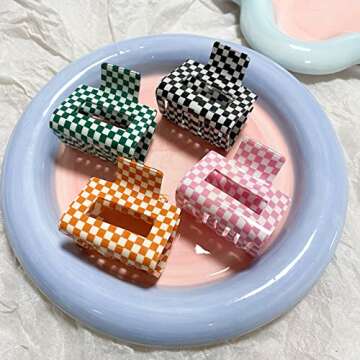 Stylish Bmobuo Checkered Hair Claw Clips - 4 PCS for All Hair Types