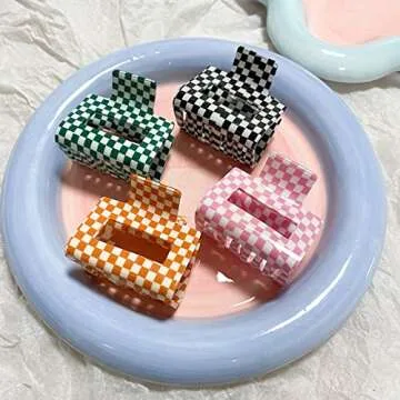 Stylish Bmobuo Checkered Hair Claw Clips - 4 PCS for All Hair Types