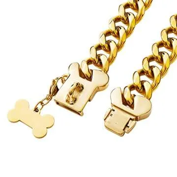 Gold Stainless Steel Cuban Link Heavy Duty Dog Collar for Small Medium Large Dogs, American Bully French Bulldog Dog Necklace Collar with Safety
