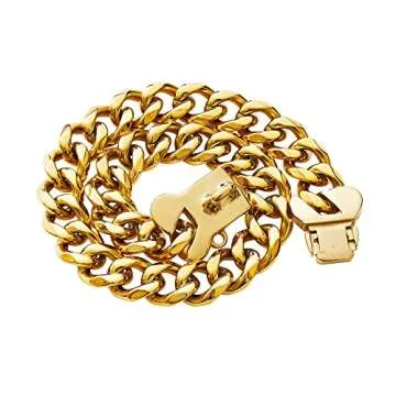 Gold Stainless Steel Cuban Link Heavy Duty Dog Collar for Small Medium Large Dogs, American Bully French Bulldog Dog Necklace Collar with Safety