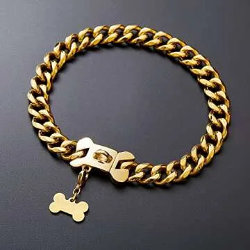 Gold Stainless Steel Cuban Link Heavy Duty Dog Collar for Small Medium Large Dogs, American Bully French Bulldog Dog Necklace Collar with Safety