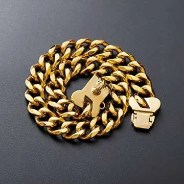 Gold Stainless Steel Cuban Link Heavy Duty Dog Collar for Small Medium Large Dogs, American Bully French Bulldog Dog Necklace Collar with Safety