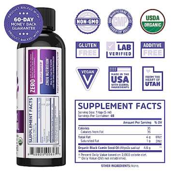Zhou Organic Black Seed Oil | 100% Virgin Cold Pressed Omega 3 6 9 | Super Antioxidant for Immune Su...
