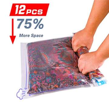 JHS-TECH 12 Compression Bags for Travel No Vacuum or Pump, Reusable Travel Storage Bags for Clothes ...