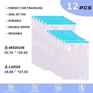 JHS-TECH 12 Compression Bags for Travel No Vacuum or Pump, Reusable Travel Storage Bags for Clothes Sacks-Save Space in Your Luggage Accessories Suitcase Size (8 x Medium, 4 x Large)