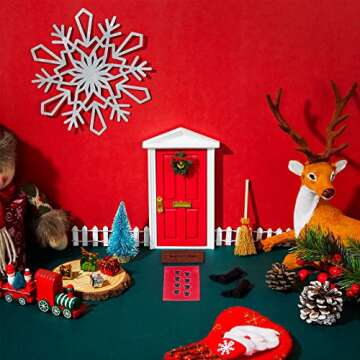 Civaner Red Elf Magic Fairy Doors Christmas Decorations Miniature Tiny Wooden Tooth Door Mini Enchanted Outdoor Decor for Christmas Accessories Fairy Tale(Red Door, Brown Mat)