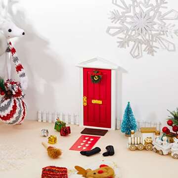 Civaner Red Elf Magic Fairy Doors Christmas Decorations Miniature Tiny Wooden Tooth Door Mini Enchanted Outdoor Decor for Christmas Accessories Fairy Tale(Red Door, Brown Mat)
