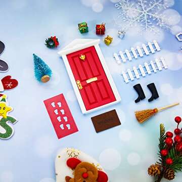 Civaner Red Elf Magic Fairy Doors Christmas Decorations Miniature Tiny Wooden Tooth Door Mini Enchanted Outdoor Decor for Christmas Accessories Fairy Tale(Red Door, Brown Mat)