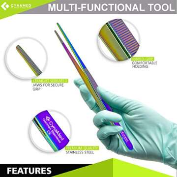 Cynamed 10” Kitchen Premium Tongs Tweezers Stainless Steel, Long with Precision Serrated Tips (Rainbow)