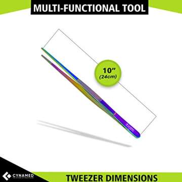 Cynamed 10” Kitchen Premium Tongs Tweezers Stainless Steel, Long with Precision Serrated Tips (Rainbow)