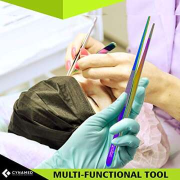 Cynamed 10” Kitchen Premium Tongs Tweezers Stainless Steel, Long with Precision Serrated Tips (Rainbow)