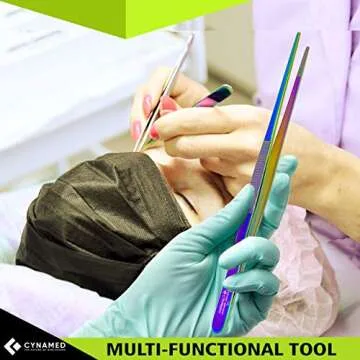Cynamed 10” Kitchen Premium Tongs Tweezers Stainless Steel, Long with Precision Serrated Tips (Rainbow)