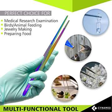 Cynamed 10” Kitchen Premium Tongs Tweezers Stainless Steel, Long with Precision Serrated Tips (Rainbow)