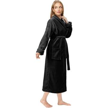 NY Threads Premium Women's Robe Plush Soft Long Bathrobe Warm Fleece Shawl Collar Spa Robe (Large, Black)