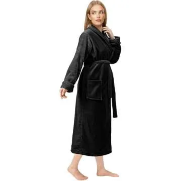 NY Threads Premium Women's Robe Plush Soft Long Bathrobe Warm Fleece Shawl Collar Spa Robe (Large, Black)