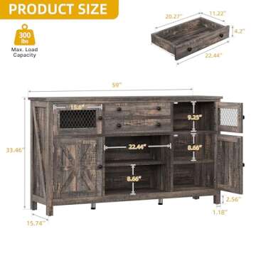 DWVO Farmhouse Buffet Cabinet with Storage, 59" Kitchen Coffee Bar Cabinet, 2 Large Drawers, Visual ...