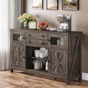 DWVO Farmhouse Buffet Cabinet with Storage, 59" Kitchen Coffee Bar Cabinet, 2 Large Drawers, Visual Grid Door, Storage Shelves, Storage Cabinet for Kitchen & Living Room, Dark Rustic Oak