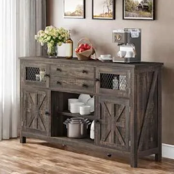 DWVO Farmhouse Buffet Cabinet with Storage, 59" Kitchen Coffee Bar Cabinet, 2 Large Drawers, Visual Grid Door, Storage Shelves, Storage Cabinet for Kitchen & Living Room, Dark Rustic Oak