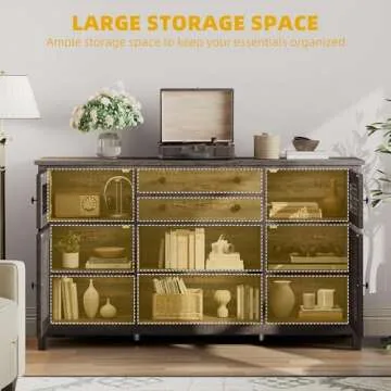 DWVO Farmhouse Buffet Cabinet with Storage, 59" Kitchen Coffee Bar Cabinet, 2 Large Drawers, Visual Grid Door, Storage Shelves, Storage Cabinet for Kitchen & Living Room, Dark Rustic Oak