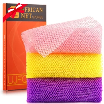 UJFQBH 3 Pieces African Bath Sponge African Net Long Net Bath Sponge Exfoliating Shower Body Scrubbe...