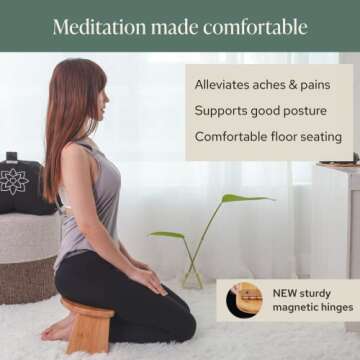 Mindful Modern Folding Meditation Bench - Bamboo Kneeling Stool with Locking Magnetic Hinges - Portable Cross Legged Folding Seiza Chair w/Travel Bag