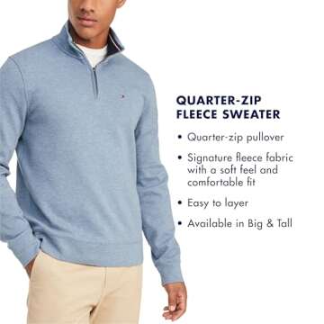 Tommy Hilfiger Mens Long Sleeve Fleece Quarter Zip Pullover Sweatshirt, Fleet Blue Heather, Large US