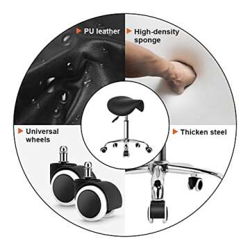 KKTONER Rolling Saddle Stool PU Leather Swivel Adjustable Rolling Stool with Wheels Salon Chair Black