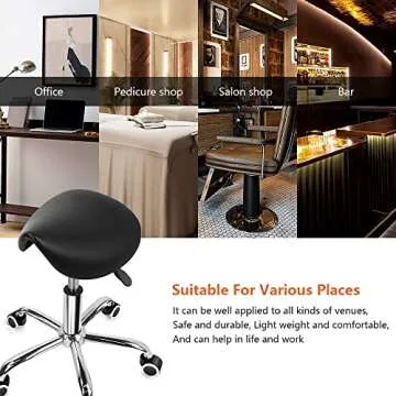 KKTONER Rolling Saddle Stool PU Leather Swivel Adjustable Rolling Stool with Wheels Salon Chair Black