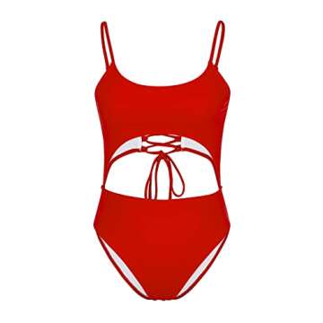 Meyeeka Womens Classic Square Neck Strappy Monokini Cut Out Padded One-Piece Swimsuit Swimwear L Red