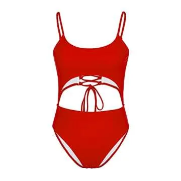 Meyeeka Womens Classic Square Neck Strappy Monokini Cut Out Padded One-Piece Swimsuit Swimwear L Red