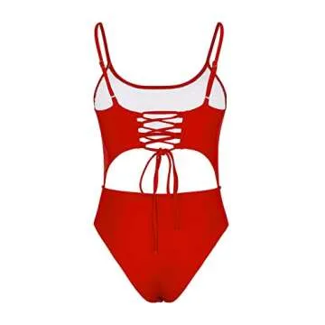 Meyeeka Womens Classic Square Neck Strappy Monokini Cut Out Padded One-Piece Swimsuit Swimwear L Red