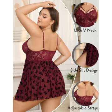 Avidlove Plus Babydoll Lingerie for Women Lace Chemise Nightgown V Neck Sleepwear Sheer Mesh Nightwe...