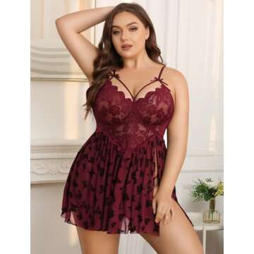 Avidlove Plus Babydoll Lingerie for Women Lace Chemise Nightgown V Neck Sleepwear Sheer Mesh Nightwear Boudior Nighty