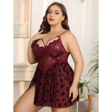 Avidlove Plus Babydoll Lingerie for Women Lace Chemise Nightgown V Neck Sleepwear Sheer Mesh Nightwear Boudior Nighty