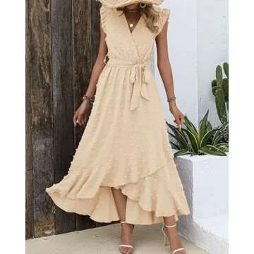 BTFBM Women V Neck Summer Dress 2025 Cap Sleeve Swiss Dot Boho Flowy Ruffle Slit Beach Party Long Maxi Cocktail Dresses(Swiss Dot Beige, Small)