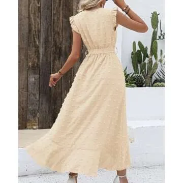 BTFBM Women V Neck Summer Dress 2025 Cap Sleeve Swiss Dot Boho Flowy Ruffle Slit Beach Party Long Maxi Cocktail Dresses(Swiss Dot Beige, Small)