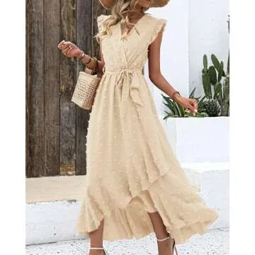 BTFBM Women V Neck Summer Dress 2025 Cap Sleeve Swiss Dot Boho Flowy Ruffle Slit Beach Party Long Maxi Cocktail Dresses(Swiss Dot Beige, Small)
