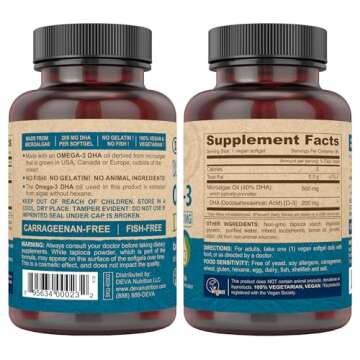 DEVA Vegan Omega-3 DHA Supplement, Once-Per-Day Softgel 200 MG, Carrageenan Free, Gelatin Free, Non-...