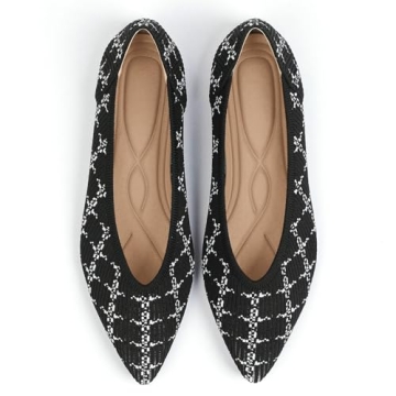 TINGRISE Women's Flats Shoes Pointed Toe Knit Ballet Comfortable Dressy Slip On Flat Stripe Black US...