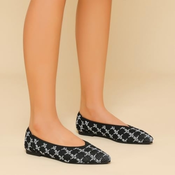 TINGRISE Women's Flats Shoes Pointed Toe Knit Ballet Comfortable Dressy Slip On Flat Stripe Black US7.5